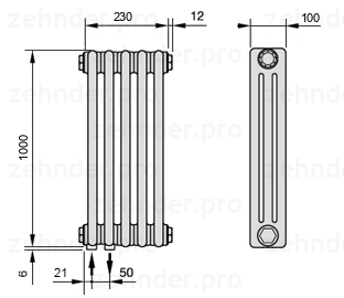 Схема (чертеж) Радиатор Zehnder Charleston 3100/5 №3370 Белый глянцевый RAL 9016